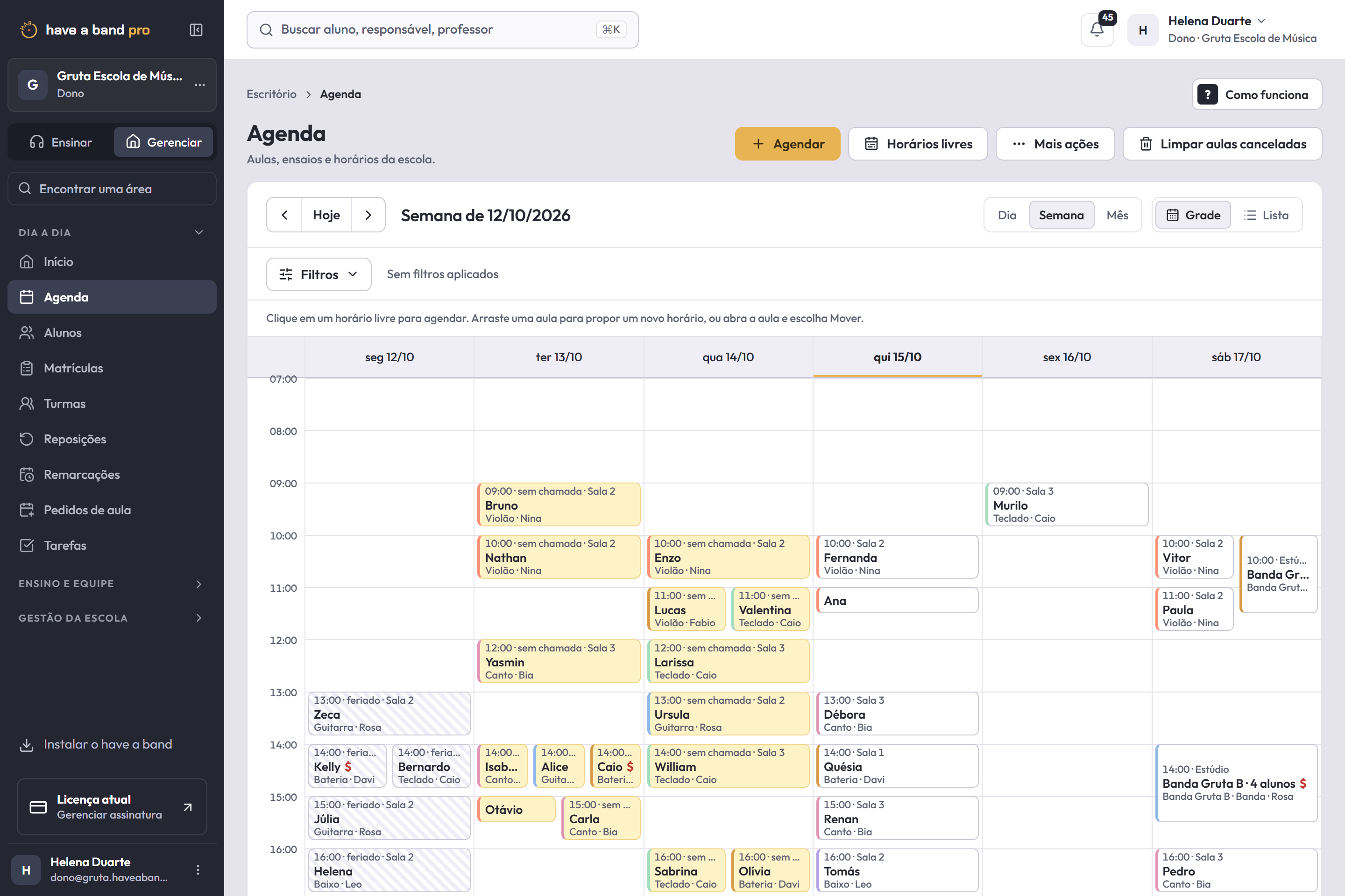 Agenda do have a band pro com as aulas e seus participantes.