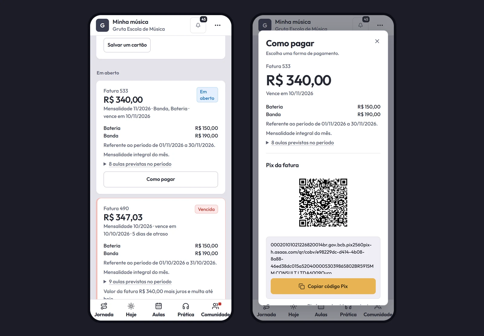 Duas telas do portal da família no celular: a mensalidade em aberto com o botão Como pagar e o QR do Pix com o código para copiar.