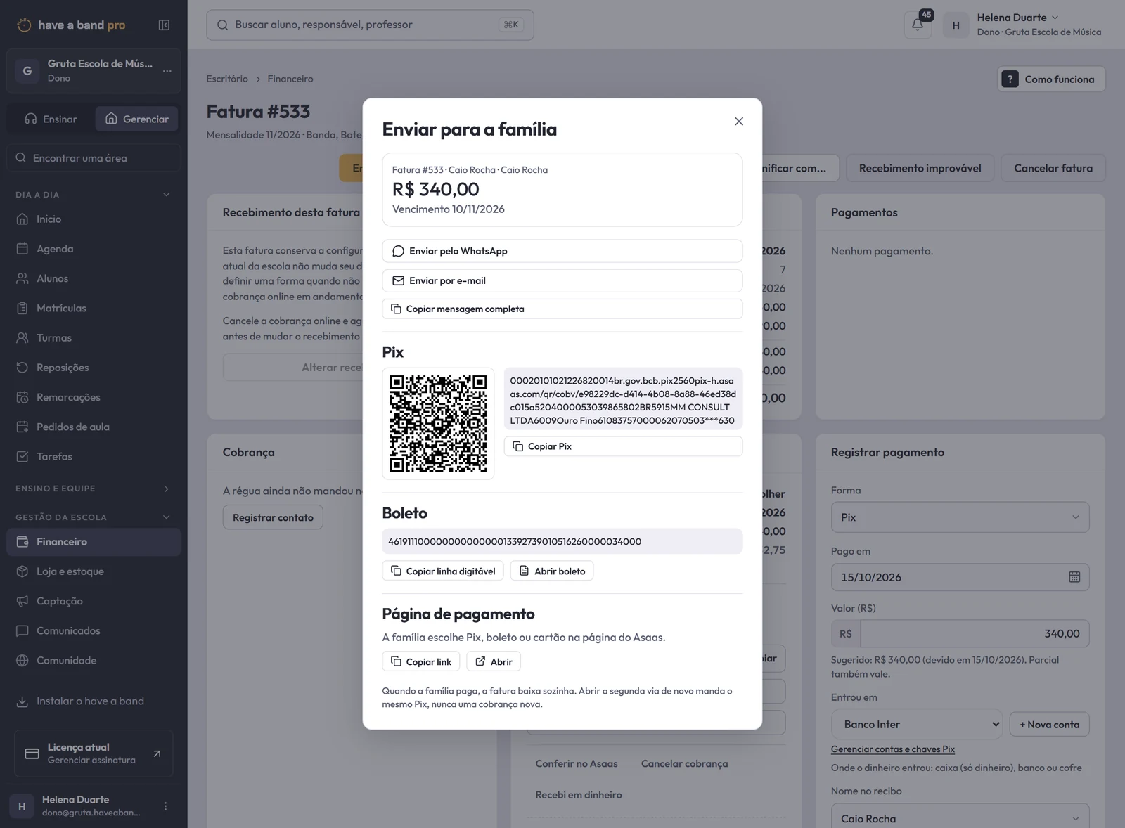 Instruções de pagamento de uma mensalidade com botões para enviar pelo WhatsApp e por e-mail, QR do Pix, linha digitável do boleto e link da página de pagamento.