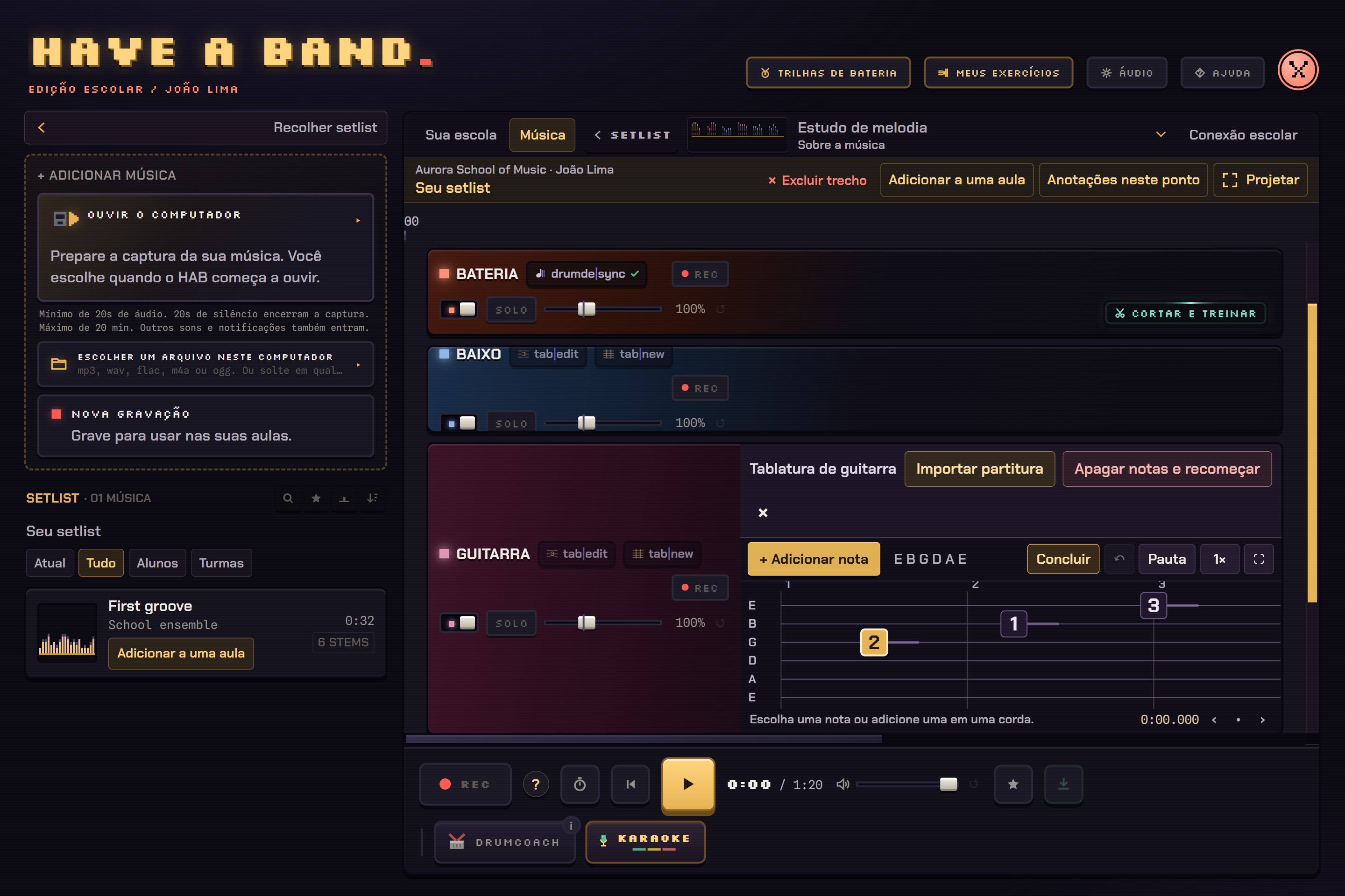 Editor de tablatura de guitarra no HAB, com notas e controles da música visíveis.