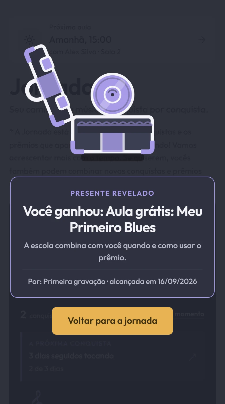 Conquista revelada na jornada: uma aula grátis chamada Meu Primeiro Blues.
