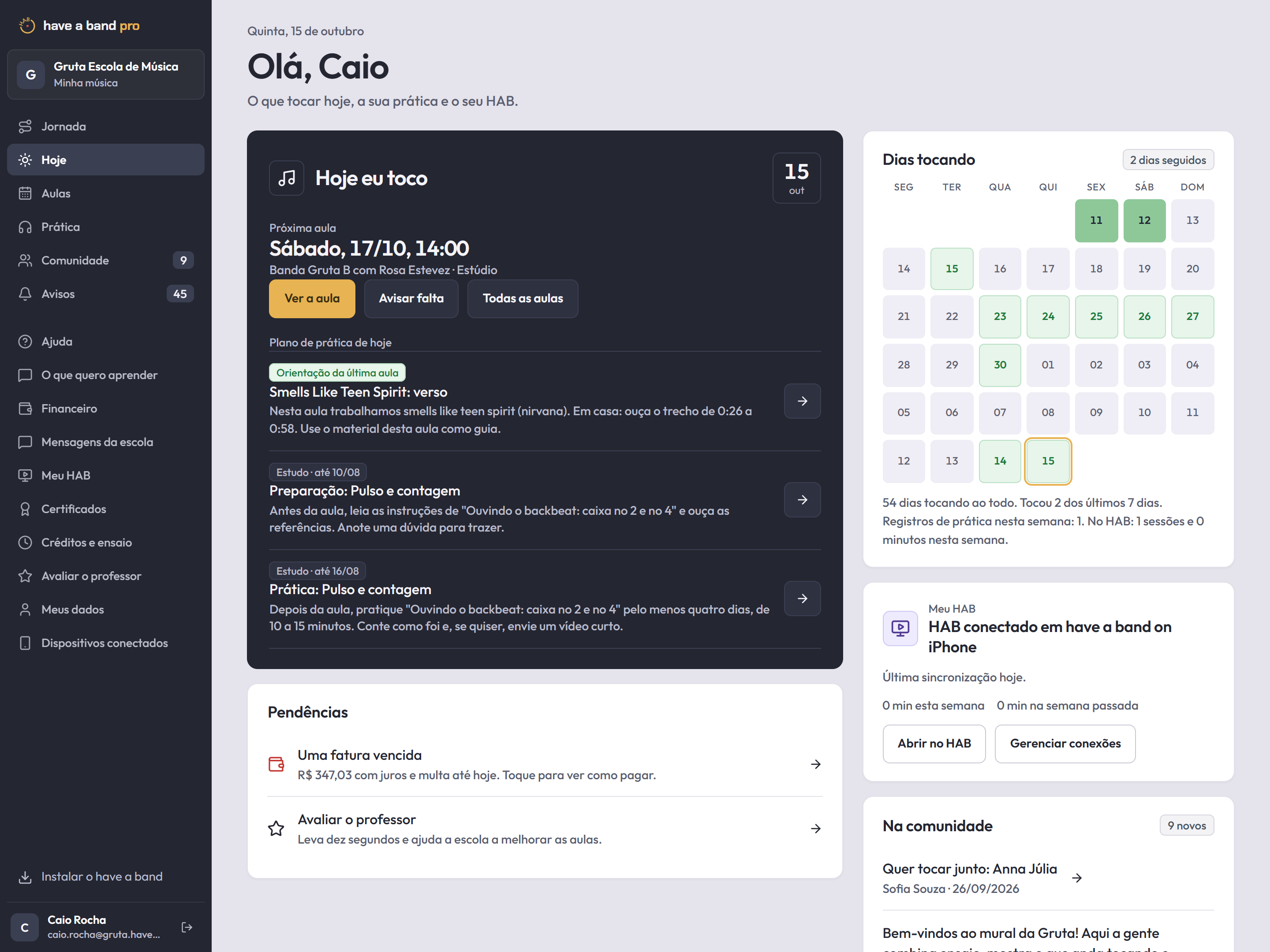Portal do aluno com a próxima aula e estudos para tocar com a banda.